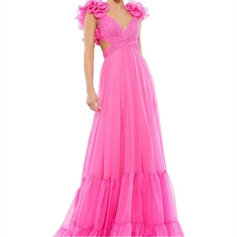 Mac Duggal 67911 Ruffle Tiered Cut-Out Chiffon Gown Maxi Dress in Hot Pink 10